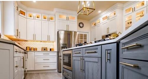 A beautiful luxurious kitchen cabinet with built in fridge