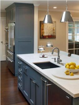 A luxurious kitchen with dark grey cabinets